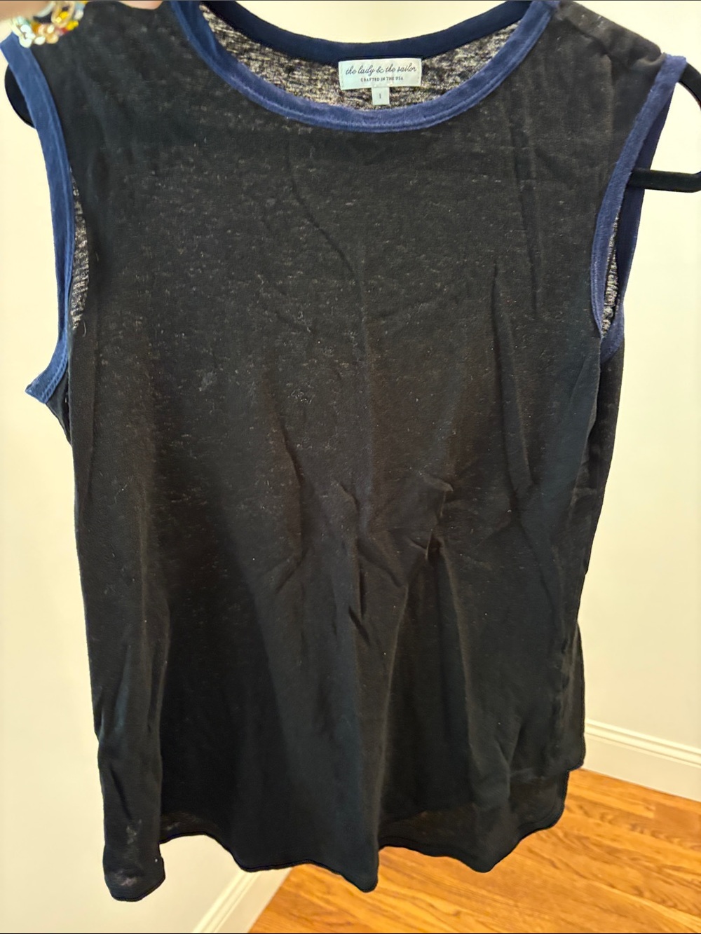 The Lady and the Sailor Sleeveless Black Top with Blue Trim